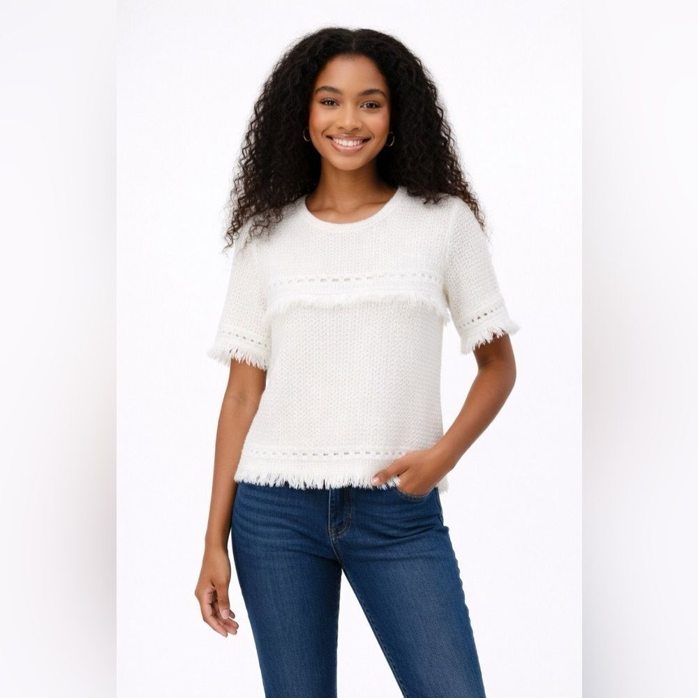 J Crew fringe short sleeve sweater white 100% cotton size small top NWOT